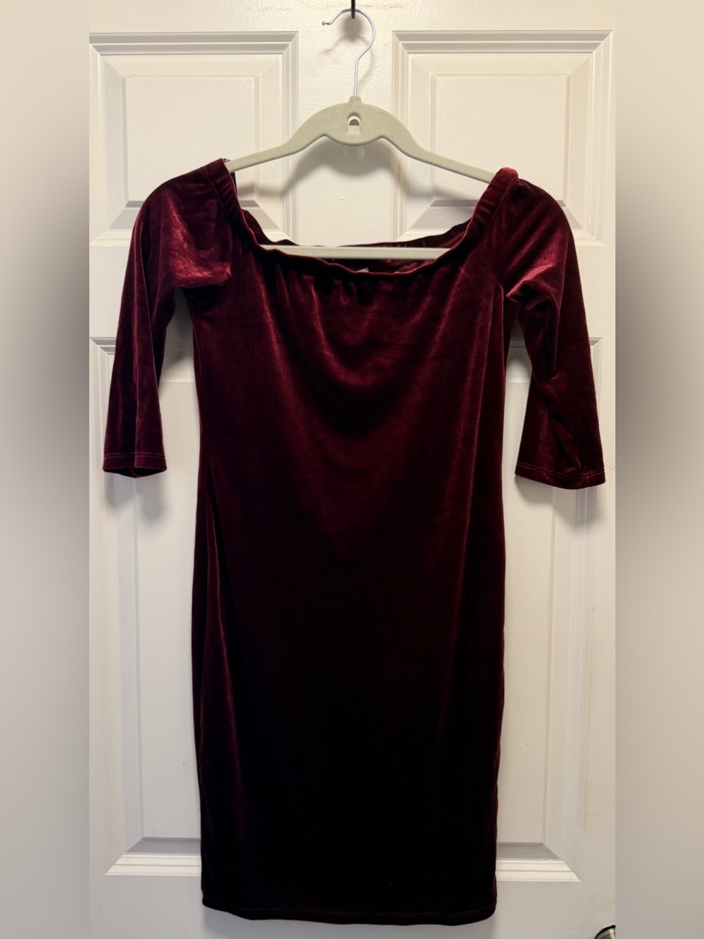 Papaya Burgundy Velvet Off-Shoulder Midi Dress